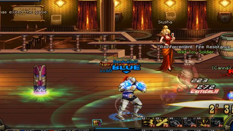 Dungeon Fighter Online Gameplay Dungeon Fighter Online brawler combat inside a bar with a fighter using flashy punches next to a red dressed npc