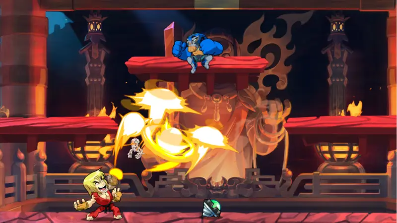 Image-1.webp Brawlhalla style arena fight with cartoon fighters trading big attacks in front of a lava temple background