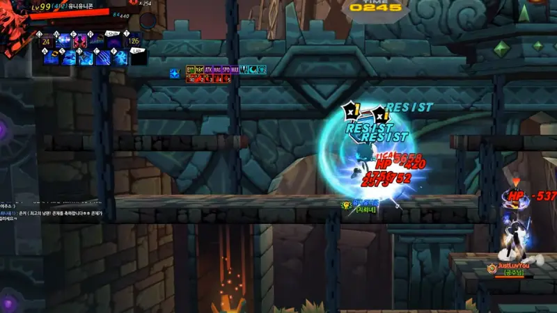 Image.webp Elsword gameplay screenshot showing a character in blue energy shield using skills in a side scrolling dungeon