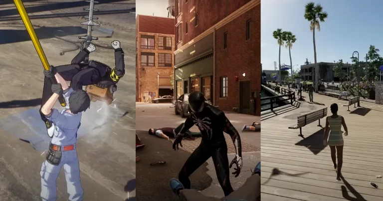 Ananta gameplay collage showing melee takedown, city street combat, and open world walking, highlighting the GTA-style open world and superhero movement