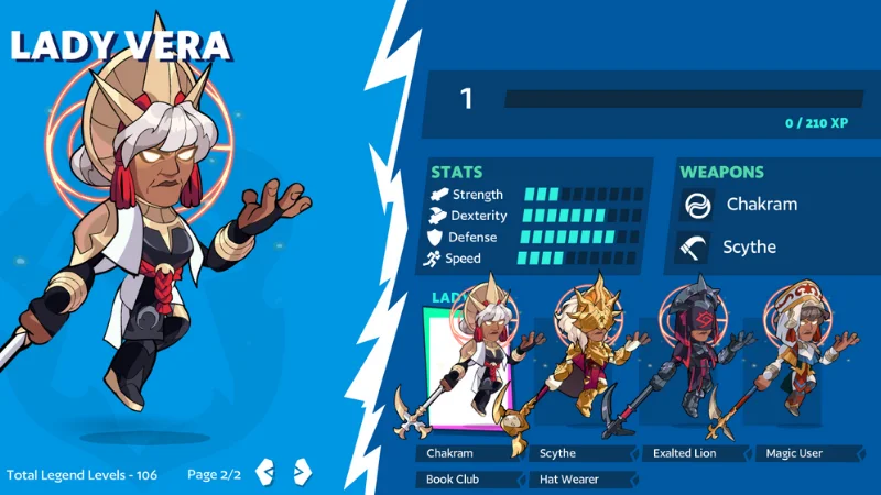 Brawlhalla: Lady Vera character select with Chakram and Scythe