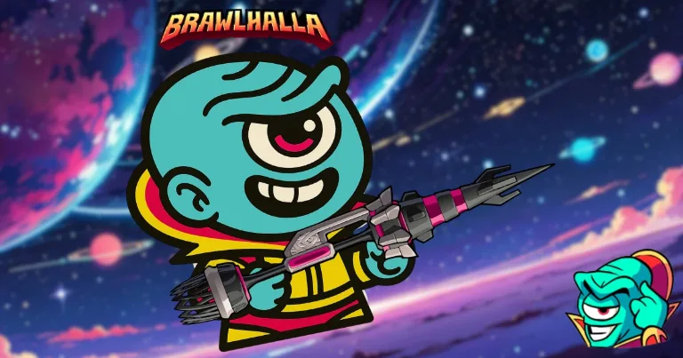 Brawlhalla cartoon fighter holding the Rocket Lance in a cosmic backdrop