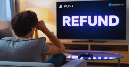 Player sitting on a couch looking at a TV that says PS4 REFUND in big text