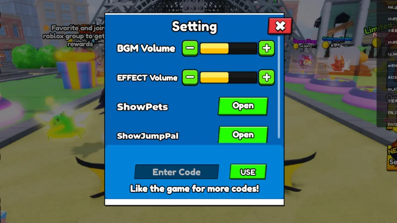 Roblox Climb and Jump Tower settings screen showing Enter Code field and Use button for redeeming codes