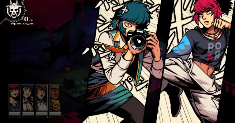 Stylized Demonschool key art showing two characters and the battle interface