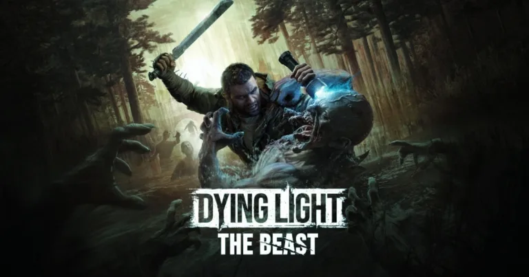 The Beast promo art, main survivor swinging a weapon in a dark forest with monsters around him