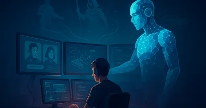 Game developer working at multiple screens beside a glowing AI hologram