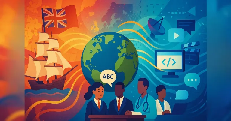 Colorful illustration of a globe, British ship, and digital communication icons.