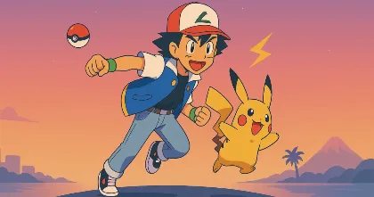 Ash Ketchum runs with a leaping Pikachu at sunset