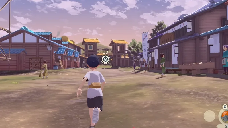 Third person view of Jubilife Village, the hub in Pokémon Legends Arceus before heading into the wild.