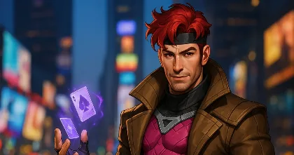 Gambit in Marvel Rivals, charging purple cards in a neon city, marking his Season 5 arrival.