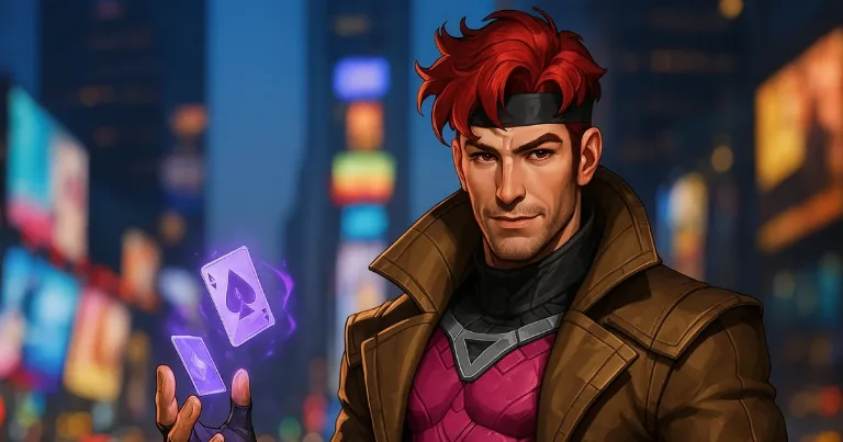 Gambit in Marvel Rivals, charging purple cards in a neon city, marking his Season 5 arrival.