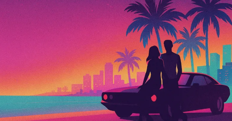 Neon Vice City style scene with palm trees, skyline, and two people leaning on a muscle car at sunset