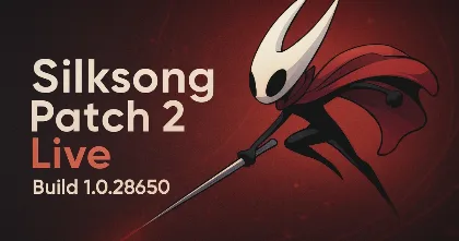 Hornet leaping forward with a needle weapon on a red background for the Silksong Patch 2 update