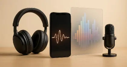 Headphones, phone with waveform, and mic beside a spectrogram, showing text to speech turning text into audio.