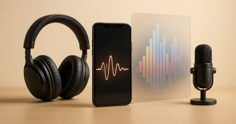 Headphones, phone with waveform, and mic beside a spectrogram, showing text to speech turning text into audio.