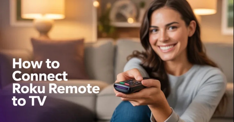 Woman on couch holding Roku remote to connect to TV
