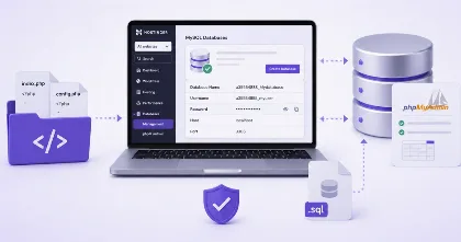PHP script connected to a Hostinger MySQL database with SQL import and configuration elements.
