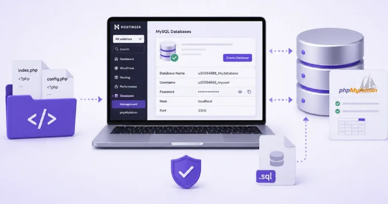 PHP script connected to a Hostinger MySQL database with SQL import and configuration elements.