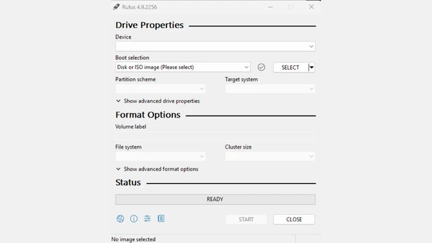 Windows install inline Rufus window showing drive properties and format options for a bootable USB