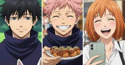 Jujutsu Kaisen split image of Megumi, Yuji, and Satoru Gojo smiling.