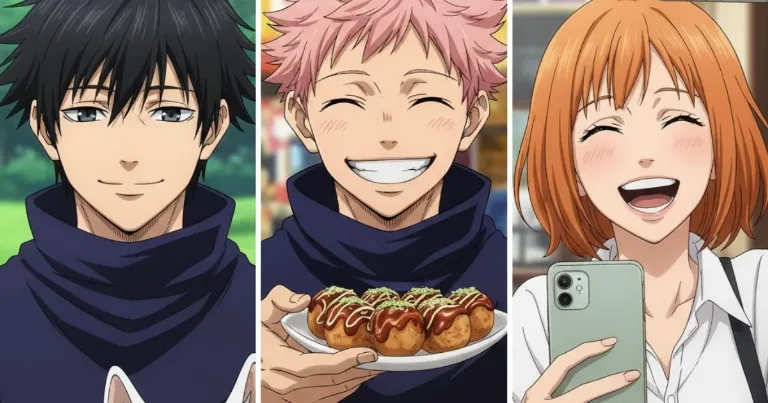 Jujutsu Kaisen split image of Megumi, Yuji, and Satoru Gojo smiling.