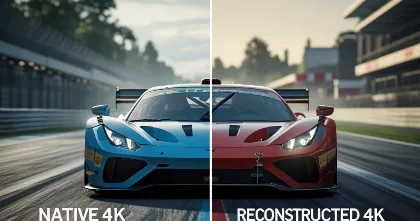 Side-by-side racing game screenshot comparing native 4K vs reconstructed 4K image quality, labeled on screen