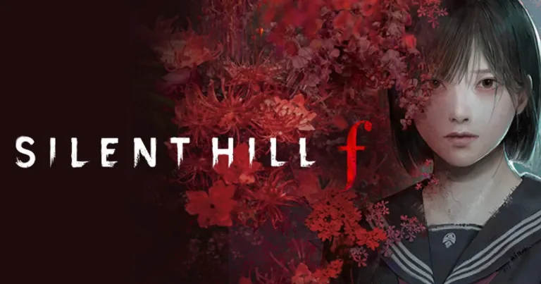 Silent Hill f key art with the main schoolgirl protagonist beside red flowers and branches