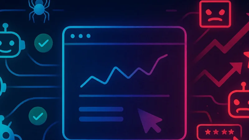 Analytics window surrounded by friendly and hostile bots, highlighting real vs fake web traffic