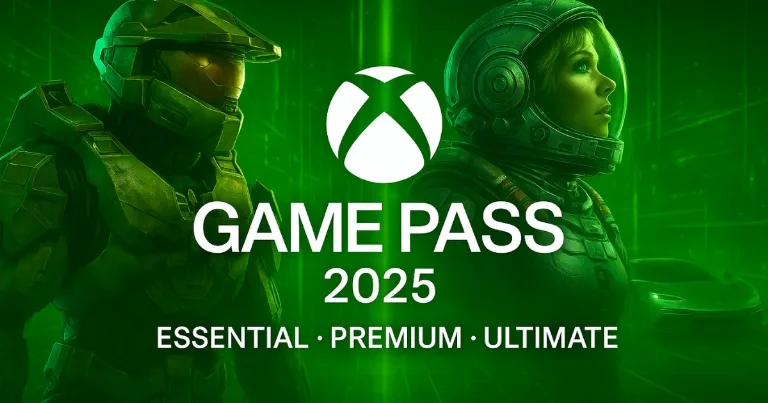 Xbox Game Pass 2025 banner with Master Chief, a space explorer, and plan tiers Essential, Premium, Ultimate