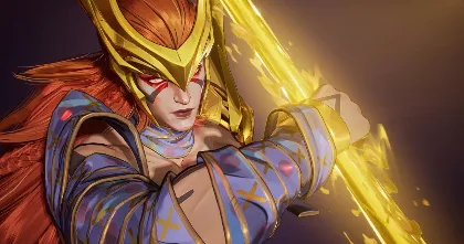 Angela in Marvel Rivals on PS4, holding a glowing blade with gold energy