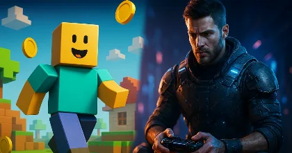 Roblox-style avatar on the left and a realistic armored gamer holding a controller on the right.