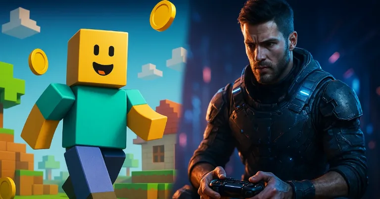 Roblox-style avatar on the left and a realistic armored gamer holding a controller on the right.