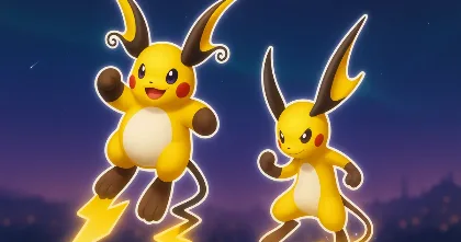 Mega Raichu X and Y centered in a starry aurora sky with glowing lightning tails.