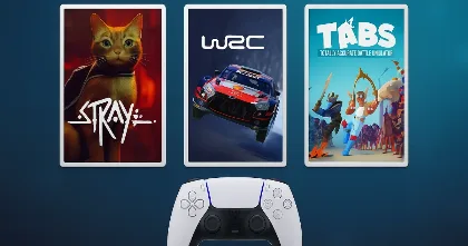 PS Plus November 2025 artwork, cards for Stray, WRC, and TABS above a DualSense controller on a blue background.