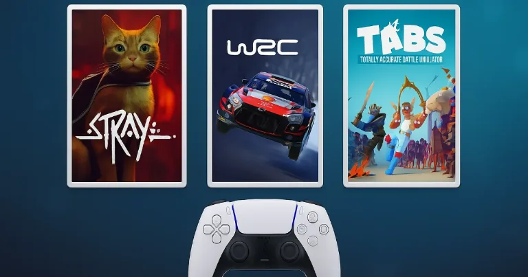 PS Plus November 2025 artwork, cards for Stray, WRC, and TABS above a DualSense controller on a blue background.