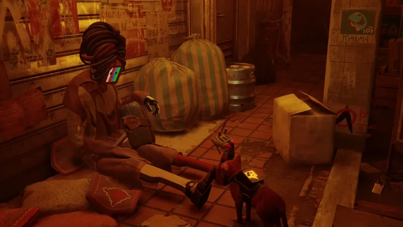 Stray screenshot, orange cat with a small backpack facing a seated robot with a CRT face in a warm lit alley of posters and bags