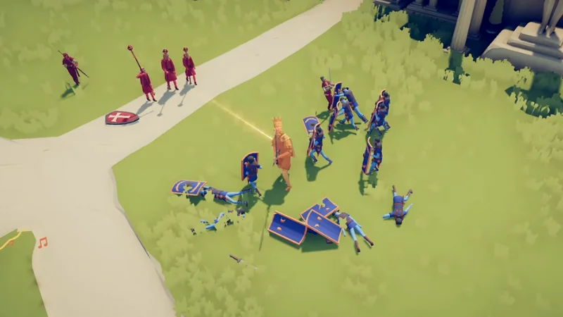 Totally Accurate Battle Simulator scene, golden king cutting through blue shield soldiers on a grassy plaza, red priests watching nearby.