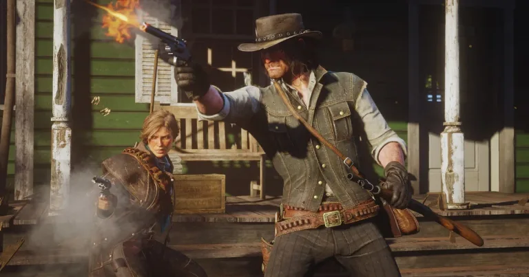 Red Dead Redemption 2 characters firing revolvers on a porch