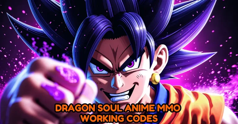 Dragon Soul anime MMO artwork of a Dragon Ball style fighter punching toward the screen with purple energy and the text working codes