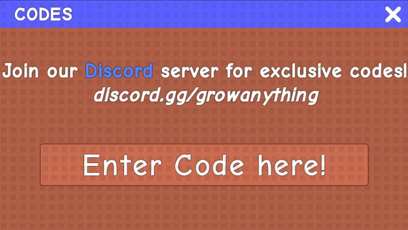 Grow Anything Codes menu with “Enter Code here” box
