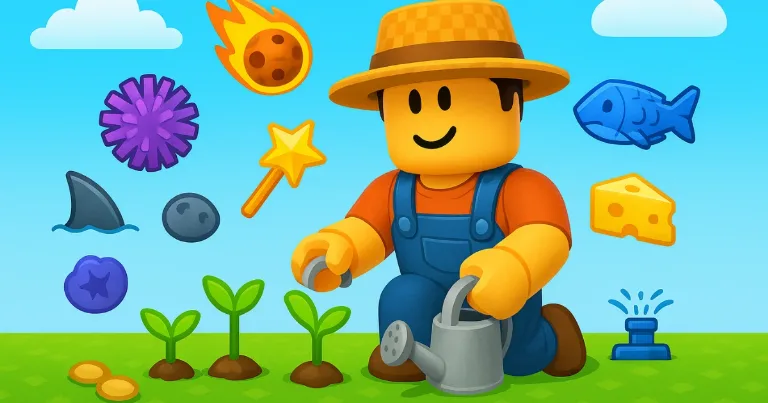 Grow Anything feature art with a Roblox farmer watering sprouts, plus meteor, wand, shark fin, fish, cheese, and sprinkler icons.