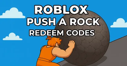 Cartoon strong character pushing a giant boulder in Push A Rock on Roblox