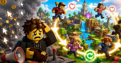 Roblox-style creator stressed over paid clicks while returning players circle a bright game world, showing why retention matters.