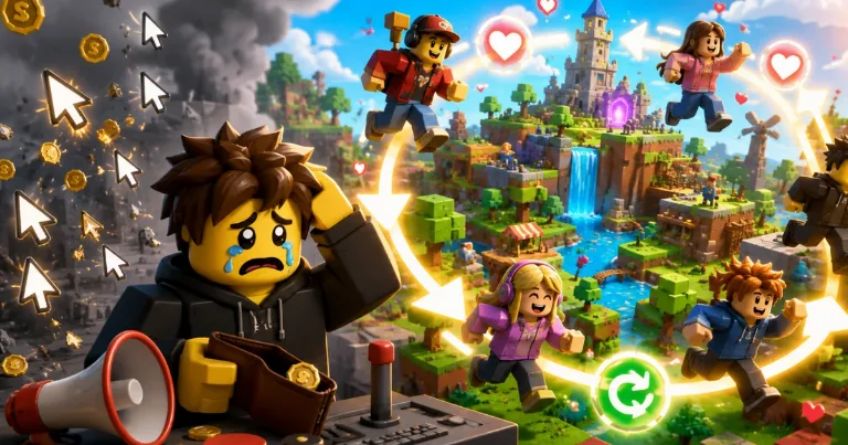 Roblox-style creator stressed over paid clicks while returning players circle a bright game world, showing why retention matters.