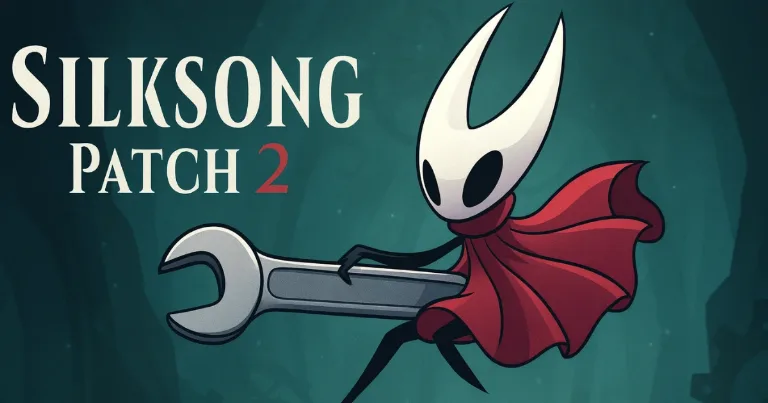 Hornet holding a long weapon on a teal background for the Silksong Patch 2 update