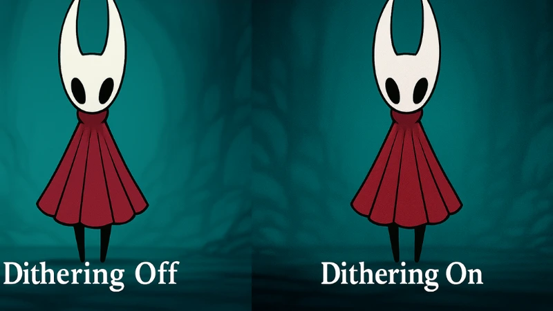 Side-by-side comparison of Hornet labeled Dithering Off and Dithering On to show cleaner gradients