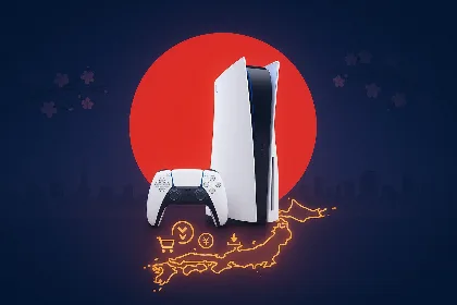 PlayStation 5 Digital Edition and controller in front of a Japan flag and map, representing Sony’s cheaper Japan-only PS5 model