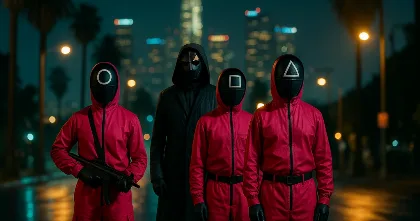 Squid Game guards in pink suits line up on a rainy Los Angeles street at night.