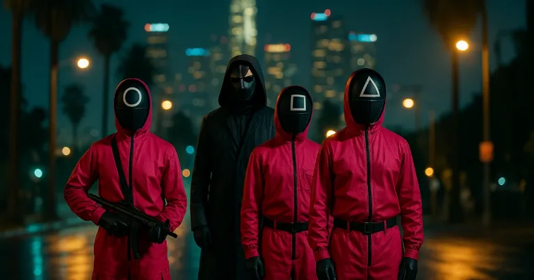 Squid Game guards in pink suits line up on a rainy Los Angeles street at night.